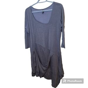 Stella Carakasi Grey Linen Blend 3/4 Sleeve Asymmetrical Dress Size M Lagenlook